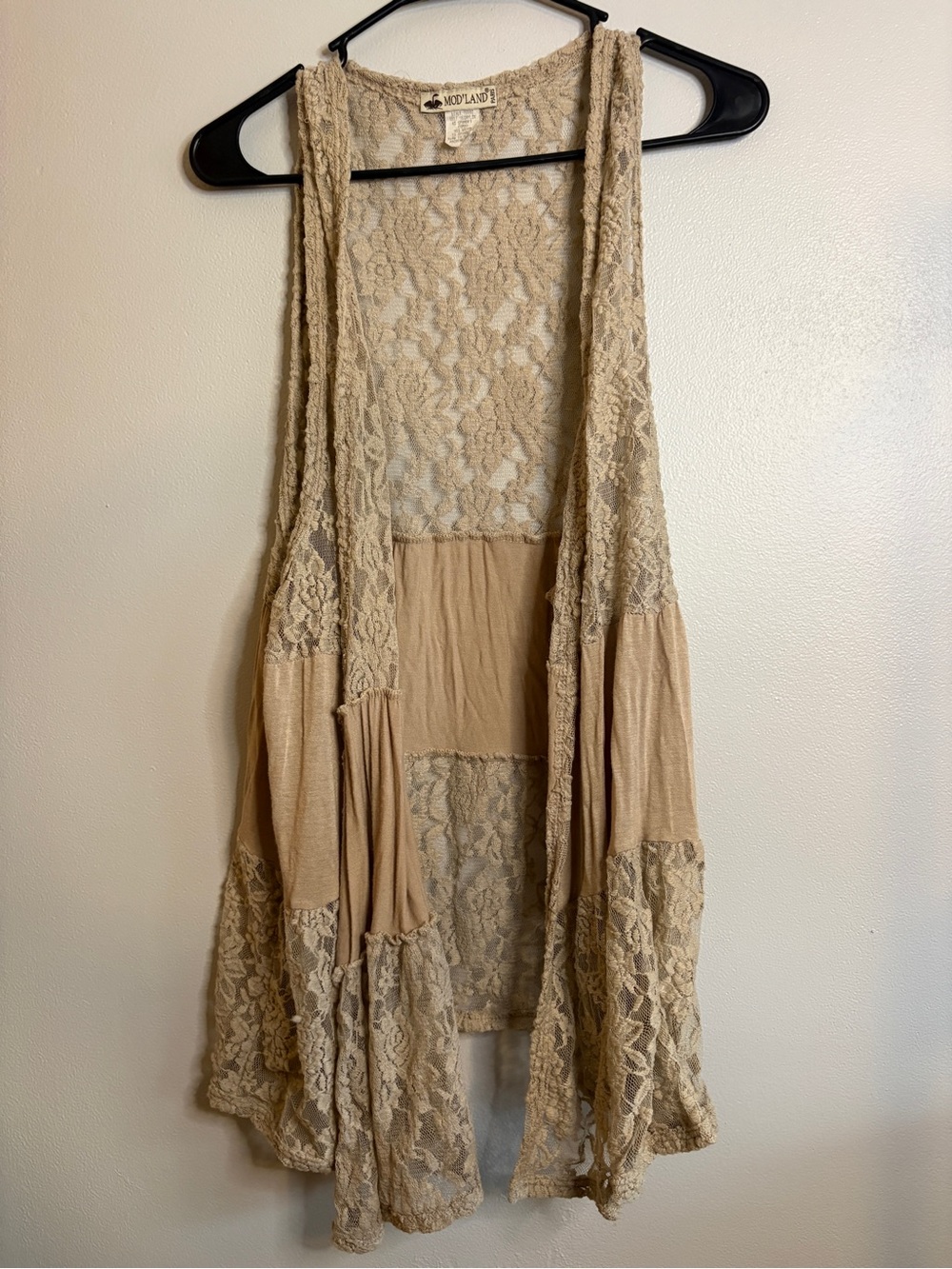 Aris Beige Lace Overlay Open-Front Vest